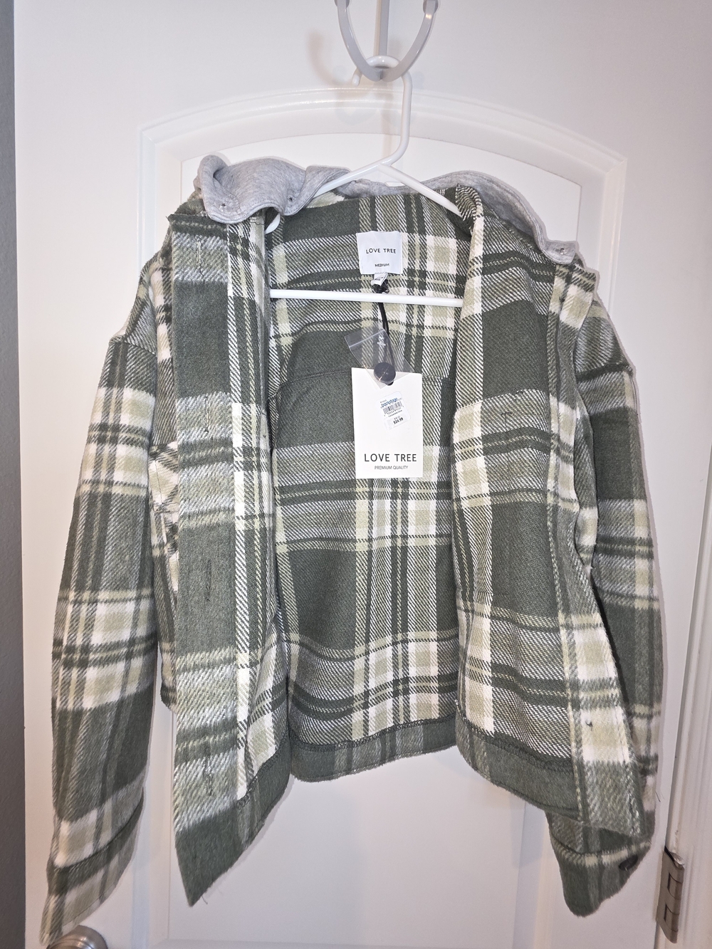 Love Tree Olive and Cream Plaid Hooded CROP  Jacket